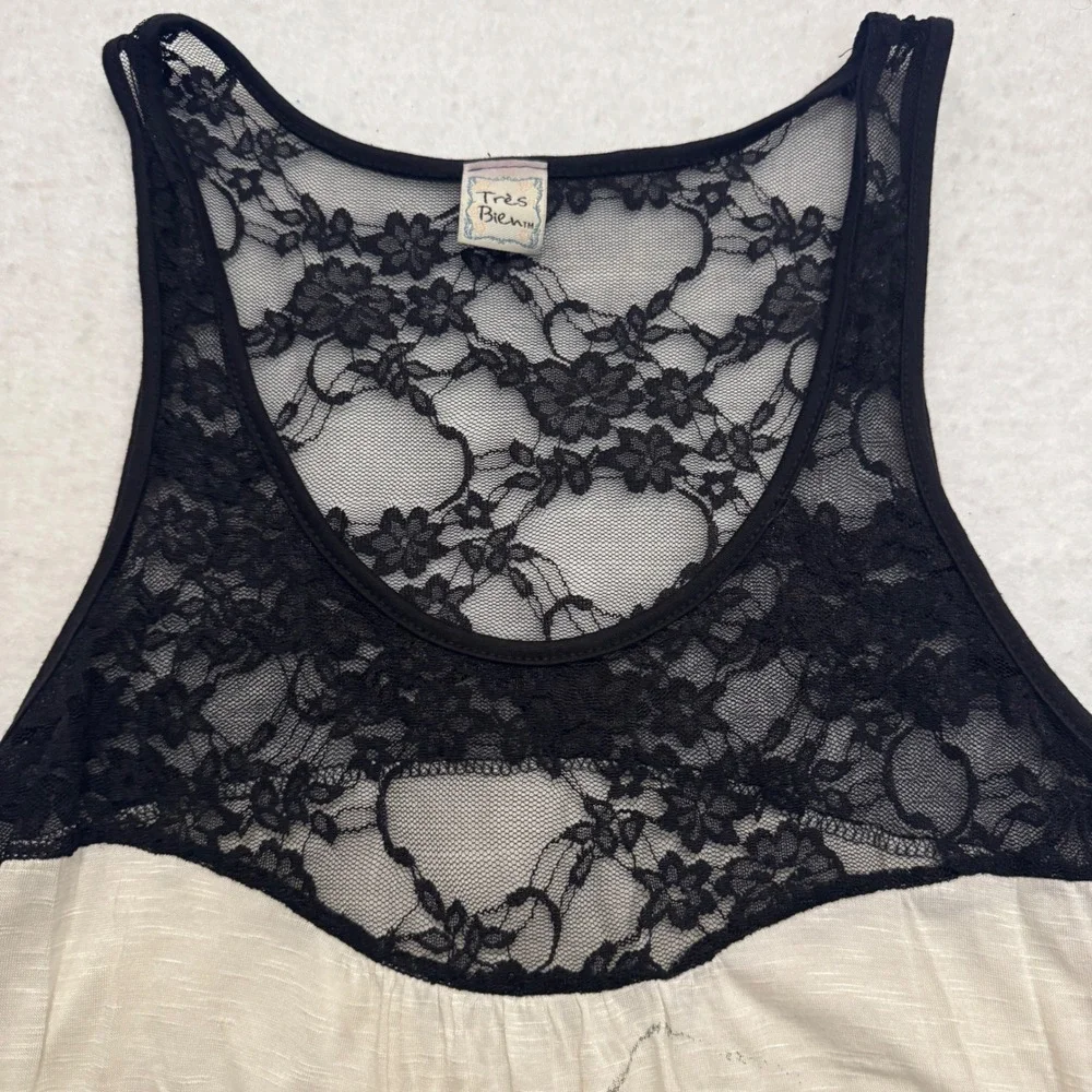 Tres Bien Womens Large‎ Lace Yoke Rose Graphic Rhinestone Tank Top Cream Black